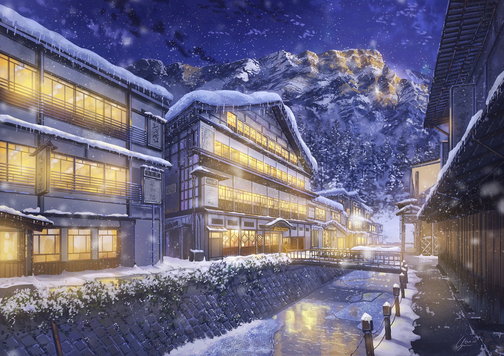 Winter Town Snowfall Anime HD Wallpaper