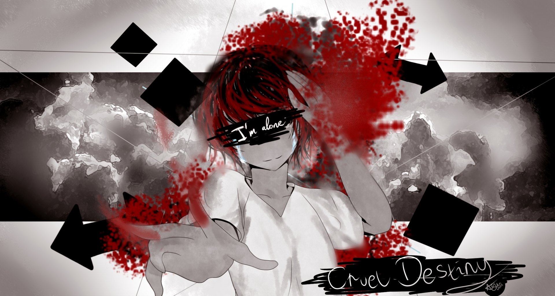 Fukase (Vocaloid) anime 2K Quad HD PC wallpaper: blindfolded red-haired figure reaching forward amid red splatter, black geometric shapes and a cloudy monochrome backdrop.