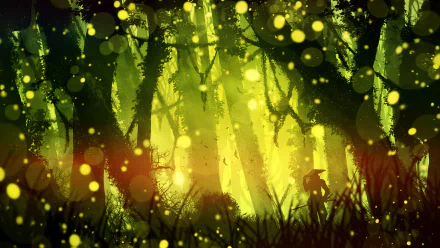 A fantasy warrior stands in a glowing, firefly-illuminated forest, creating a mystical and enchanting scene in this HD desktop wallpaper and background.