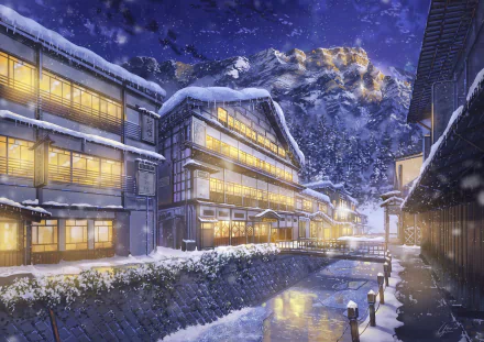 Anime-style winter town with snow-covered buildings and houses, night snowfall, and glowing warm lights. HD wallpaper and background.