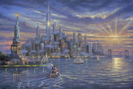 Artistic painting of New York City featuring the Statue of Liberty, a bustling skyline, and boats on the water, with a radiant sunset. This HD desktop wallpaper captures the city's iconic charm.
