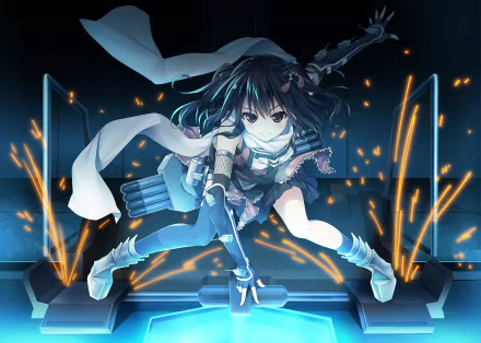 Dynamic HD PC desktop wallpaper of Sendai from Kantai Collection — an anime ship girl crouching on a glowing blue platform, scarf and naval gear, sparks flying amid dramatic lighting.