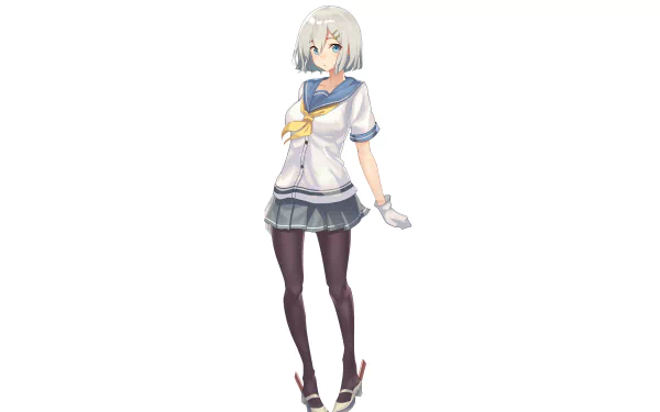 HD anime desktop wallpaper featuring Hamakaze from Kantai Collection in a school uniform with white short hair, blue eyes, and wearing pantyhose.