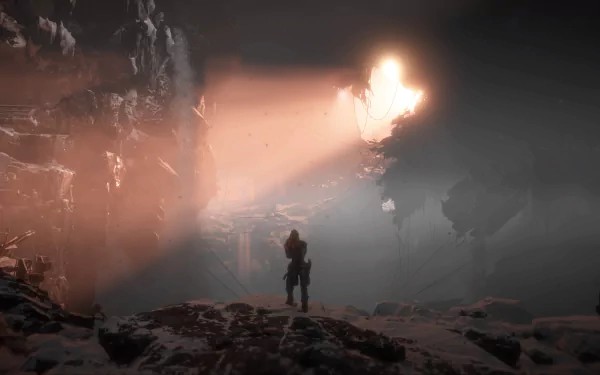 A lone figure stands on rocky terrain illuminated by a glowing mechanical creature in a dark, misty environment from Horizon Zero Dawn, captured in 4K Ultra HD.