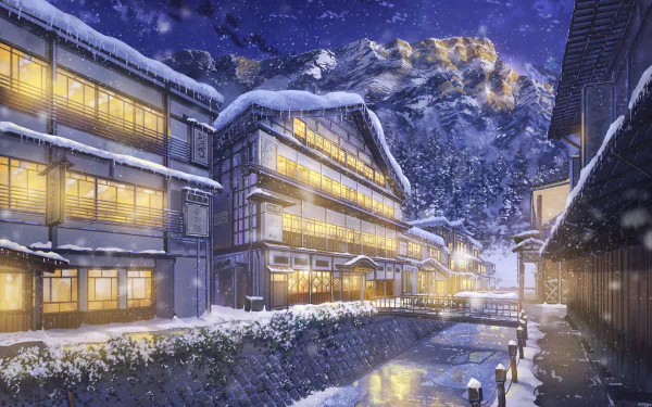 Anime-style winter town with snow-covered buildings and houses, night snowfall, and glowing warm lights. HD wallpaper and background.