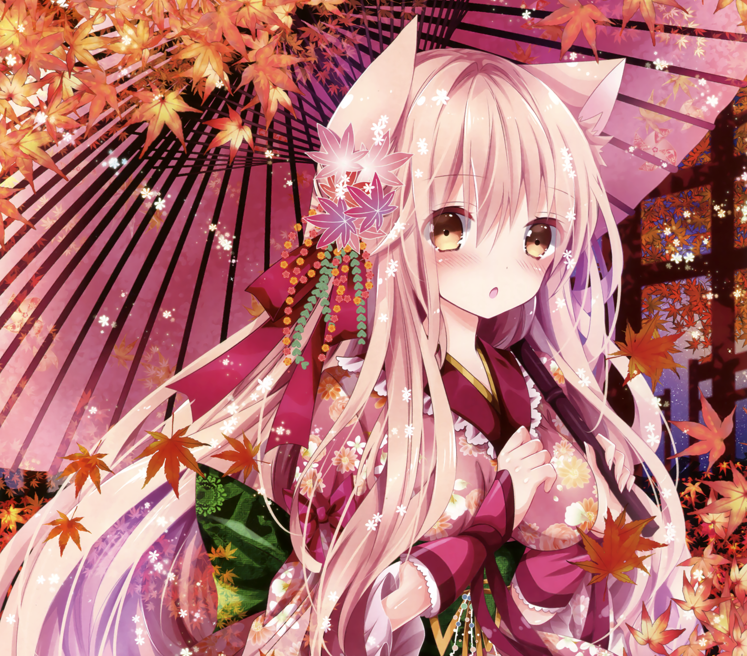 Download Leaf Bow (Clothing) Brown Eyes Kimono Parasol Blonde Long Hair ...