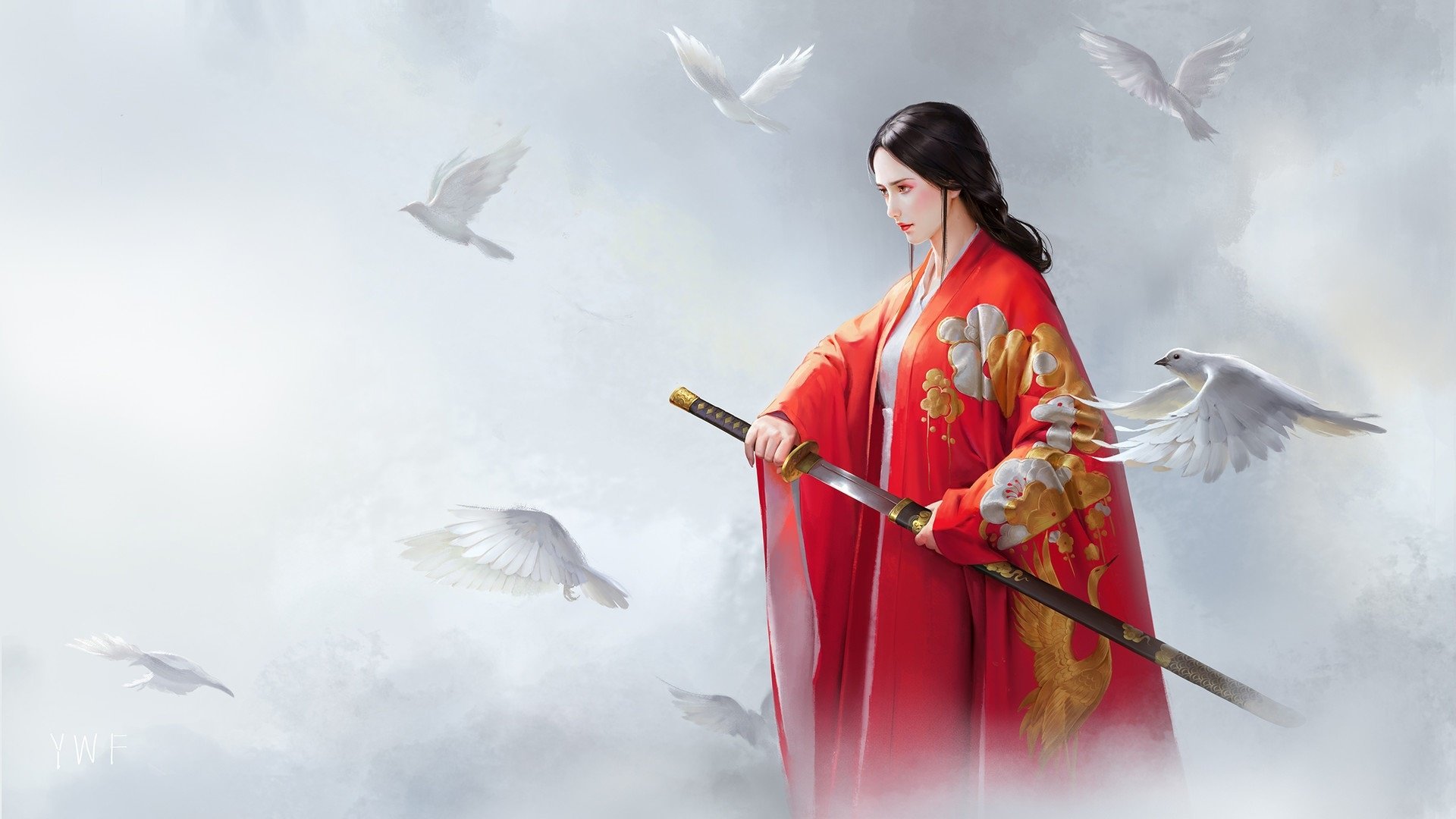 A woman warrior in a red kimono holding a katana, surrounded by white doves in a misty, fantasy-inspired setting, depicted in HD detail.