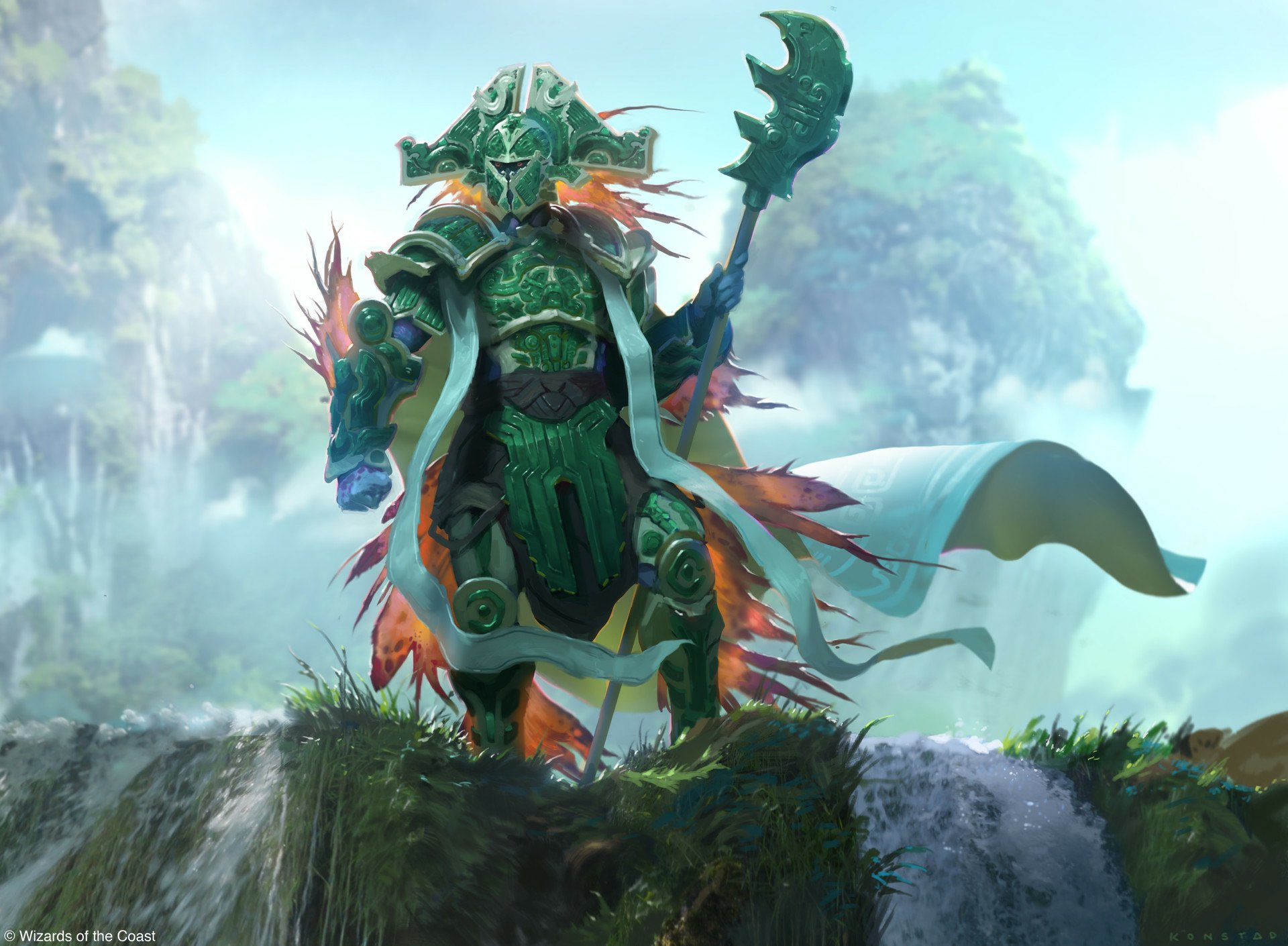 HD Magic: The Gathering desktop wallpaper of a spear-wielding warrior in man-made green ornate armor, standing on a misty cliff with a flowing cape.