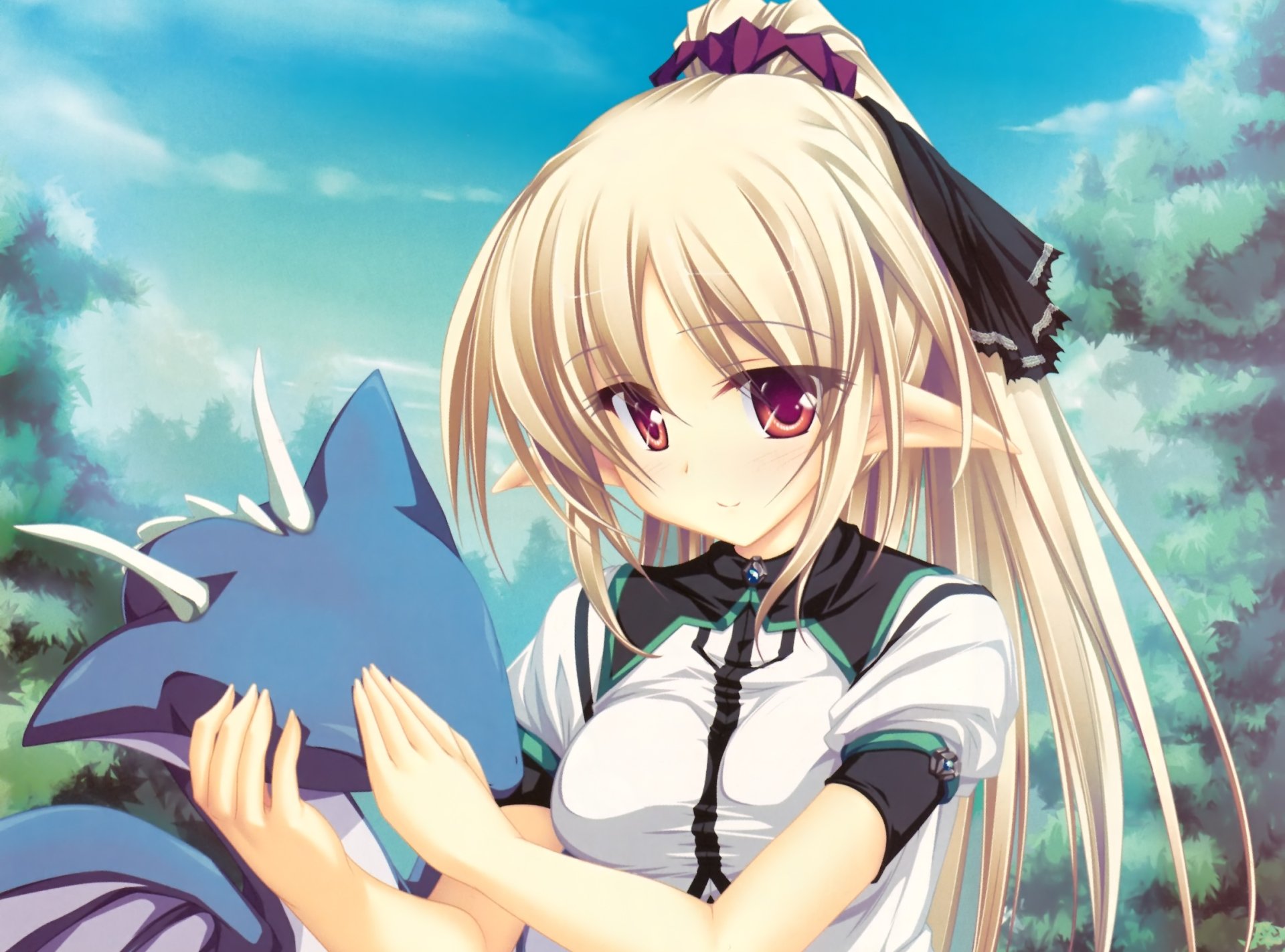 HD anime original: blonde long‑haired elf with horns and red eyes cradles a small blue dragon against a sky backdrop — PC desktop wallpaper/background.