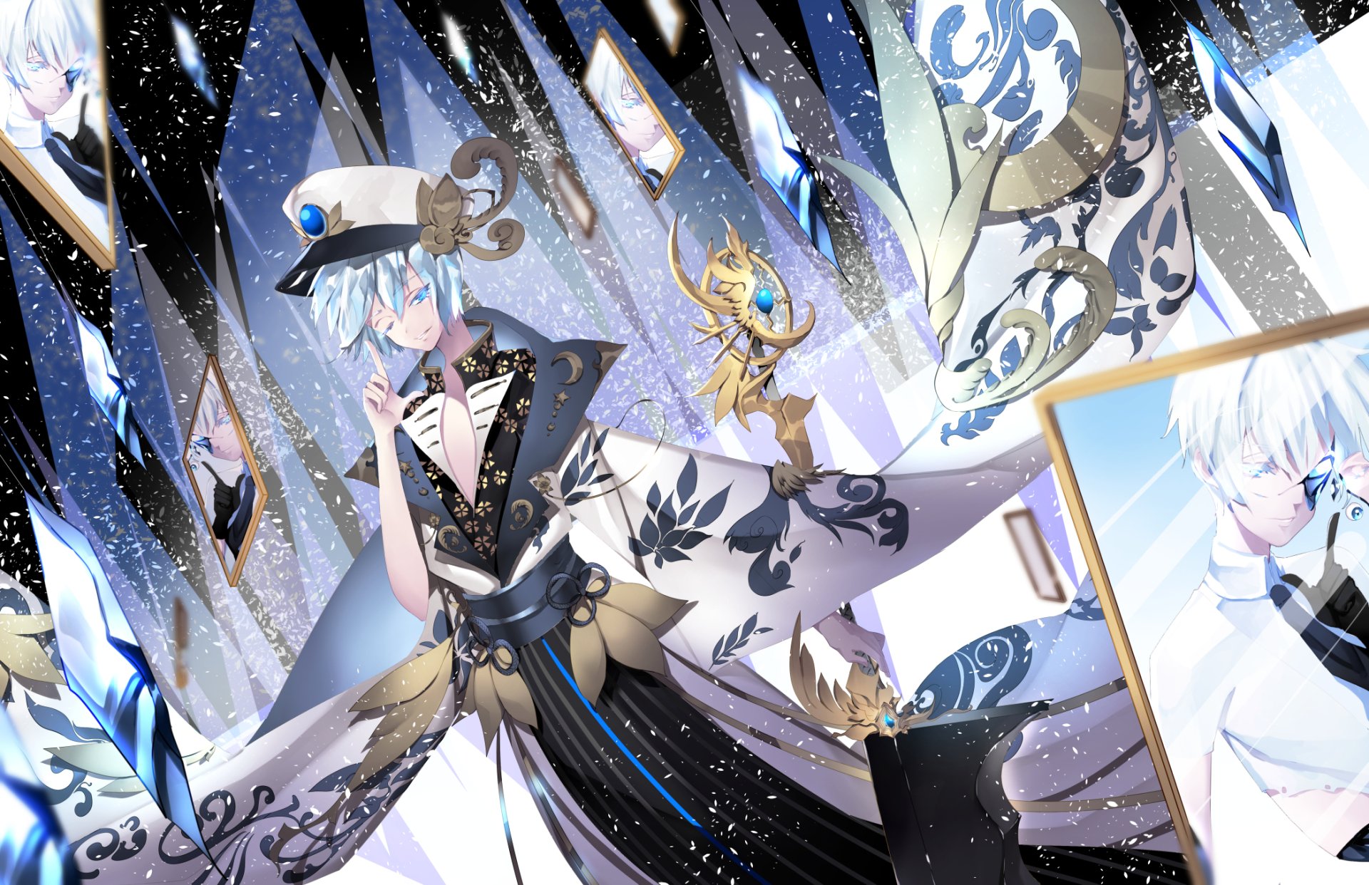 Antarcticite (Land of the Lustrous) anime character in flowing blue-white gown amid crystalline shards and starry motifs — HD PC desktop wallpaper background.