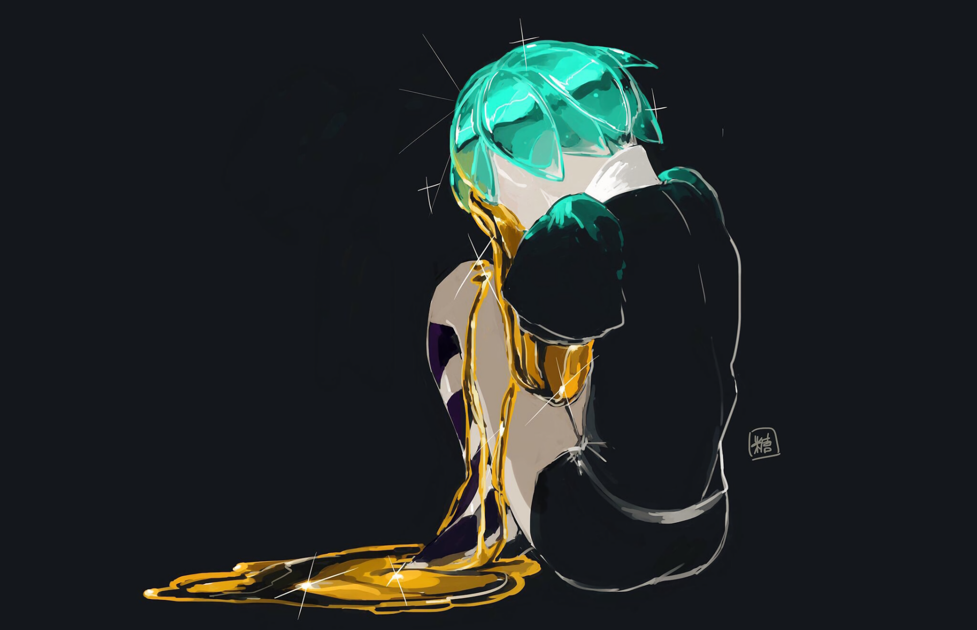 HD anime desktop wallpaper featuring Phosphophyllite from Land of the Lustrous, depicted with vibrant teal hair and golden liquid flowing from their form against a dark background.