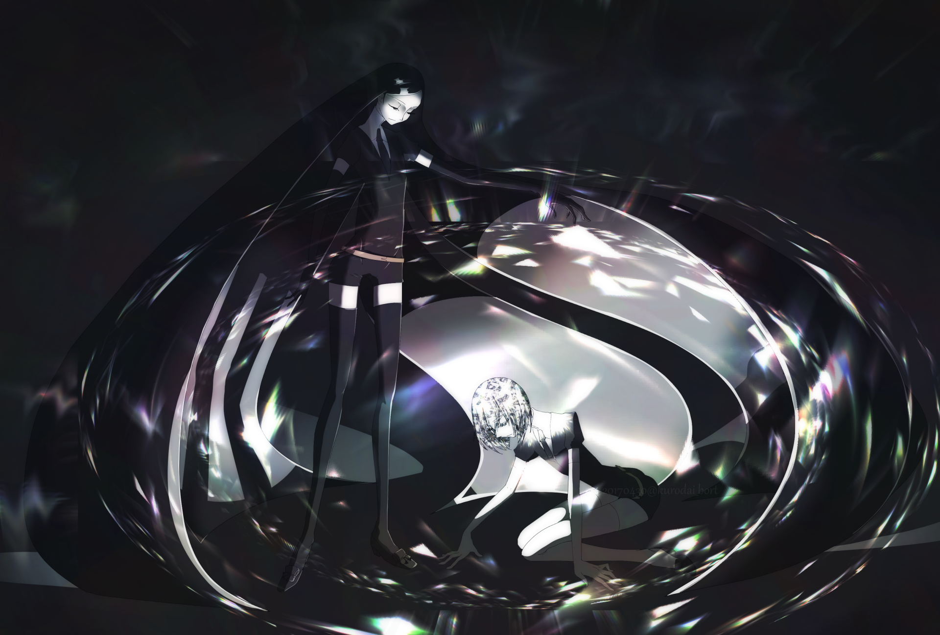 HD anime desktop wallpaper featuring Diamond and Bort from Land of the Lustrous, surrounded by reflective, crystalline surfaces with a dark, glossy aesthetic.