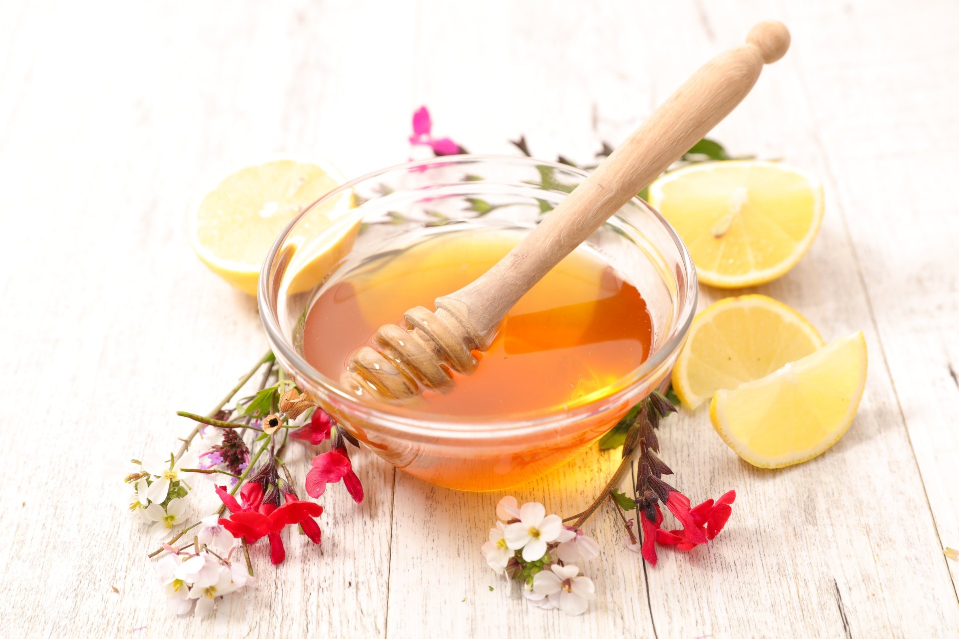 8K Ultra HD still life of fresh lemon slices and a glass bowl of honey with a wooden dipper, accented by small red and white flowers on a light wooden surface.