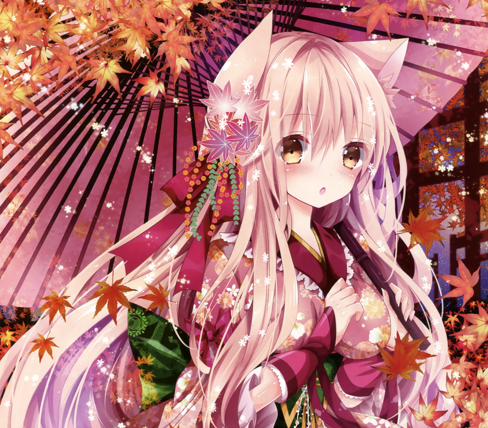 Anime-style girl with long blonde hair and brown eyes wears a kimono adorned with bows, holding a parasol amidst falling autumn leaves in this HD desktop wallpaper.