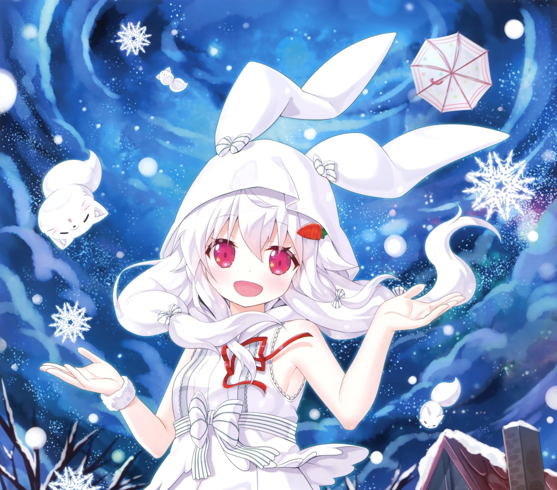Anime-style character with long white hair, pink eyes, bunny ears, and a bow, smiling and blushing while holding an umbrella in a vibrant, snowy background.