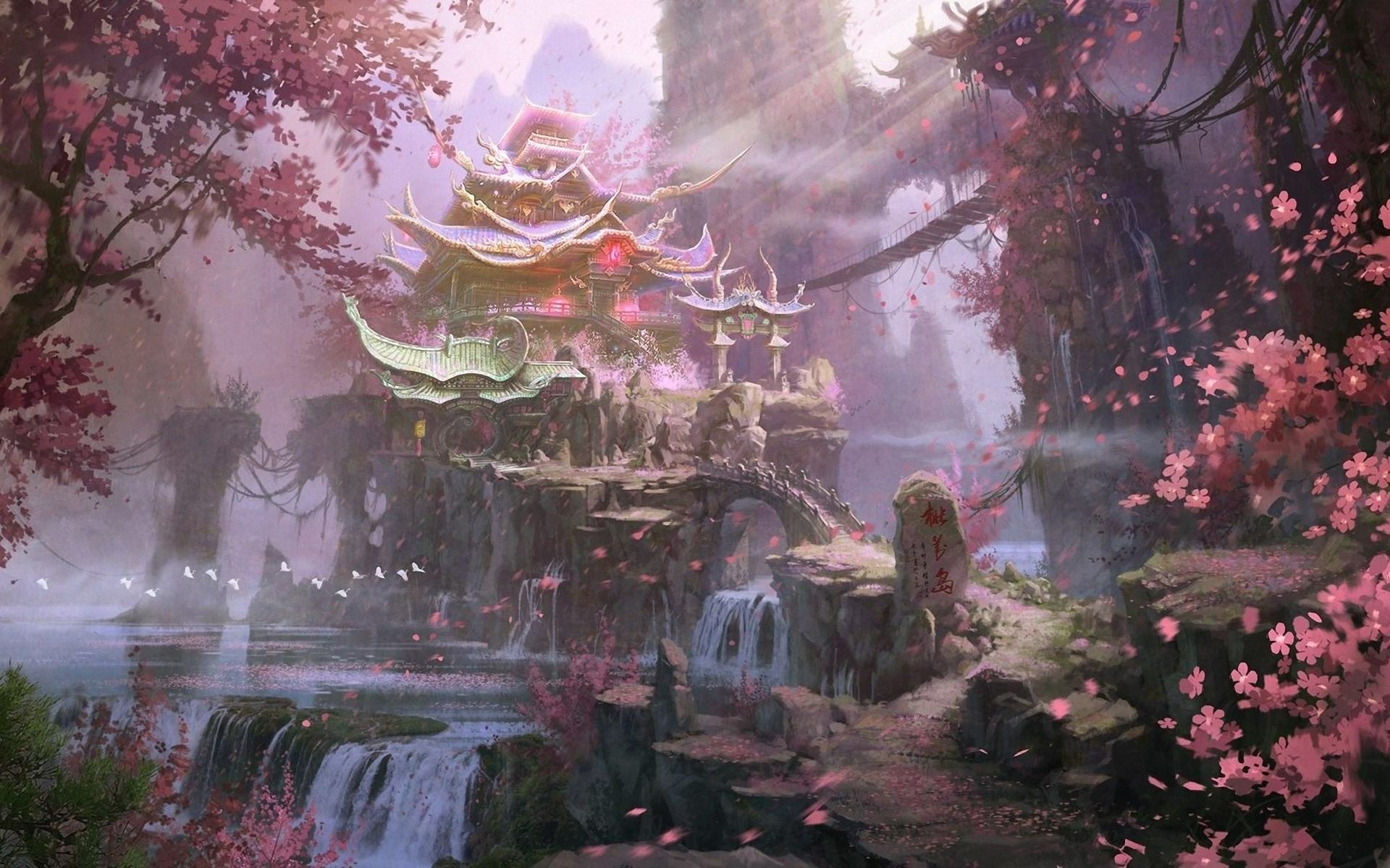 HD desktop wallpaper depicting a fantasy scene with a majestic castle surrounded by pink blossoming trees and cascading waterfalls. The ethereal atmosphere creates a captivating, magical backdrop.
