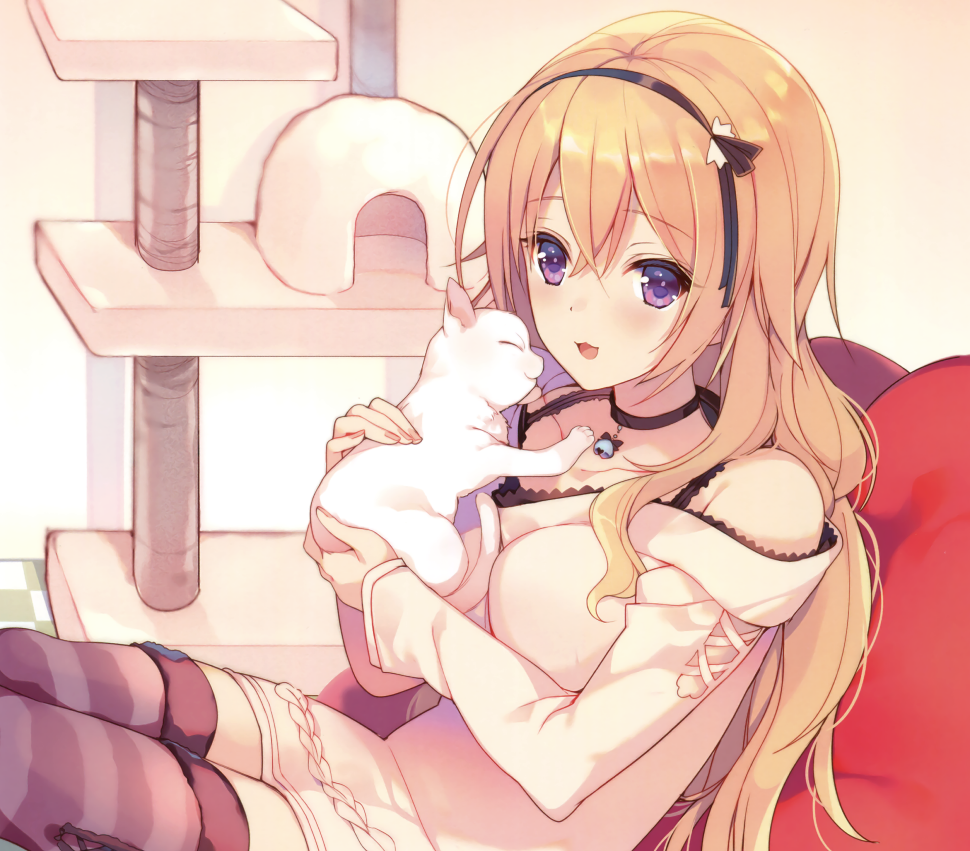 Anime-style HD desktop wallpaper featuring a blonde girl with purple eyes and a headband, blushing while holding a white cat, surrounded by a cozy cat tree setting.