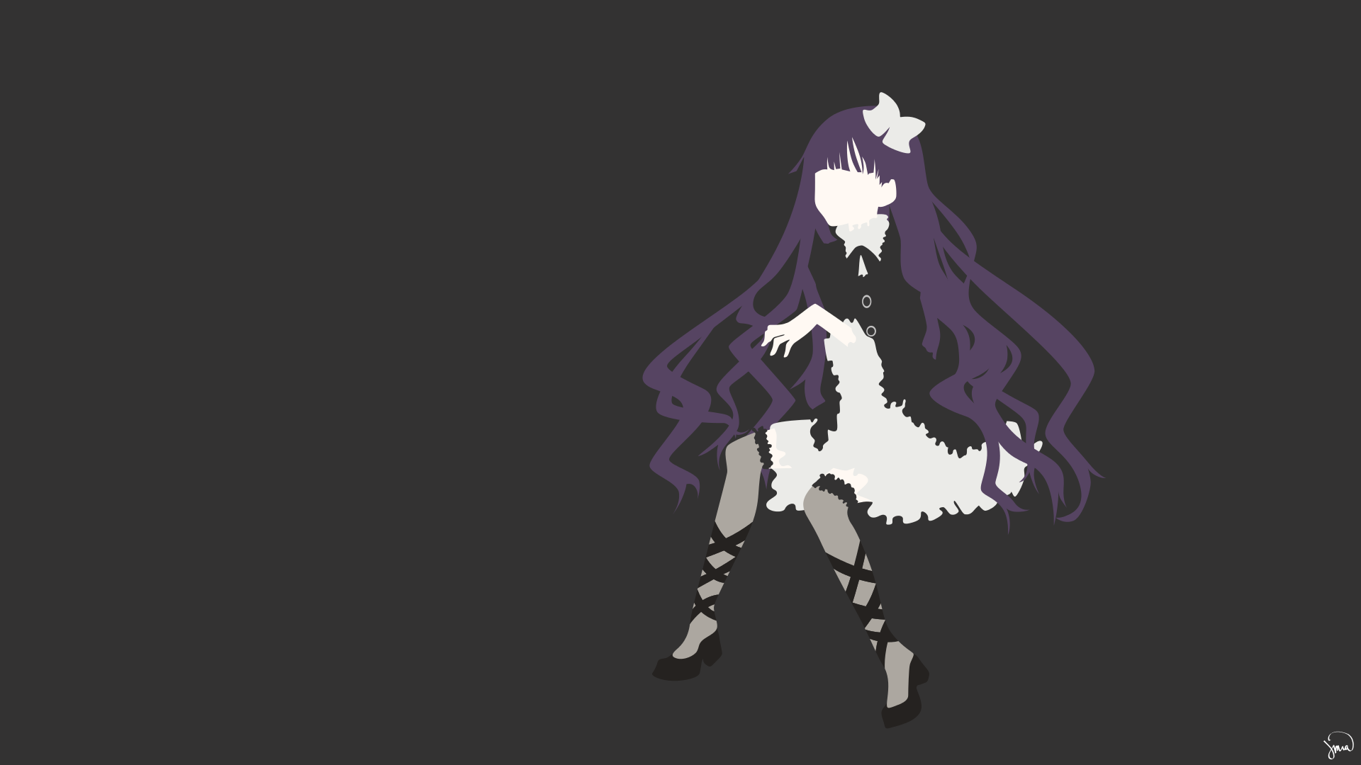 Minimalist HD PC desktop wallpaper of Sunako Kirishiki from the anime Shiki: seated Gothic-Lolita silhouette with long purple hair and frilled black-and-white dress on dark background.