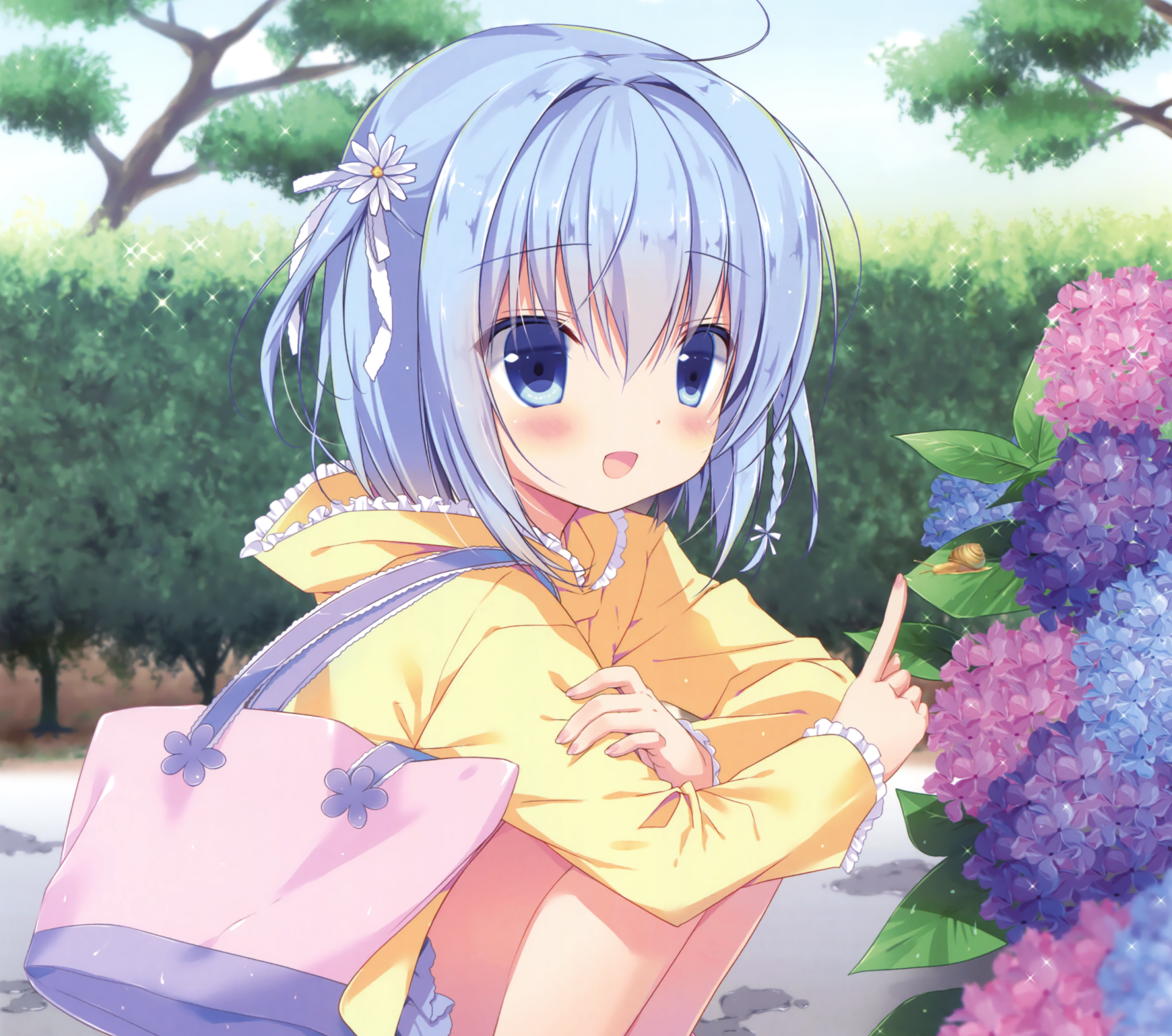 Anime-style girl with short blue hair and blue eyes smiles and blushes while holding a pink bag and pointing at a snail on blooming carnations in a lush garden setting.