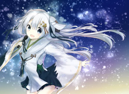 HD PC desktop wallpaper featuring anime character Hatsune Miku in a white and black outfit, set against a sparkling, starry night sky background from the Vocaloid series.