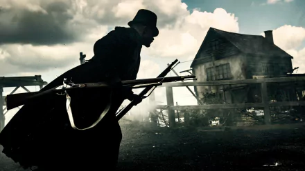 HD PC desktop wallpaper of the TV show Taboo: silhouetted man in a top hat bearing a musket, striding through a fog- and smoke-filled 19th-century village under heavy, brooding clouds.