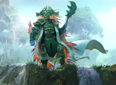 HD Magic: The Gathering desktop wallpaper of a spear-wielding warrior in man-made green ornate armor, standing on a misty cliff with a flowing cape.