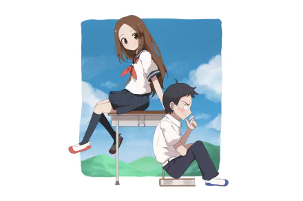 Anime HD desktop wallpaper featuring Nishikata and Takagi from Teasing Master Takagi-san, set against a bright blue sky background.