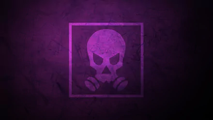 Minimalist 8K Ultra HD wallpaper featuring Smoke from Tom Clancy's Rainbow Six Siege, highlighted by a purple skull with a gas mask on a dark textured background.
