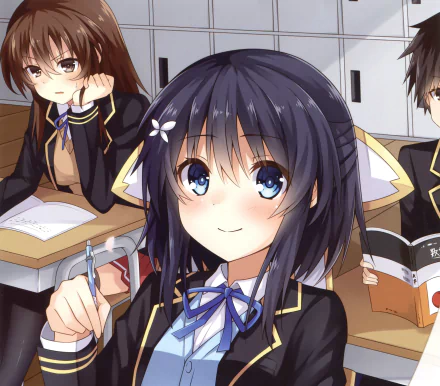 Anime original HD desktop wallpaper: smiling short black-haired girl with blue eyes holds a pencil in class; classmates with long brown hair and brown eyes read books.