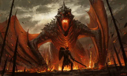 A fantasy HD wallpaper featuring a knight in armor, with a shield and sword, facing a fiery, roaring dragon wyvern amidst a burning, apocalyptic landscape.