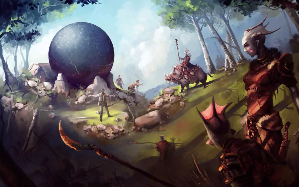 HD sci-fi desktop wallpaper featuring alien warriors and boars near a massive dark sphere in a forested landscape.