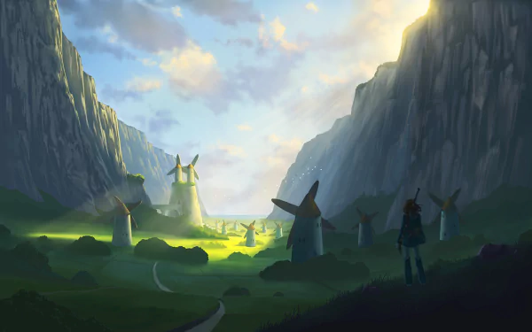 HD anime desktop wallpaper from Nausicaa of the Valley of the Wind, featuring a valley dotted with windmills under a vibrant sky between towering cliffs.