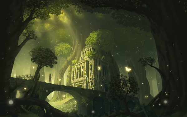 Anime Original Forest Ruin Firefly HD Wallpaper | Background Image