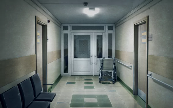 Anime-style HD desktop wallpaper depicting a quiet hospital hallway with a wheelchair, seating area, and muted lighting, creating a calm and somber atmosphere.