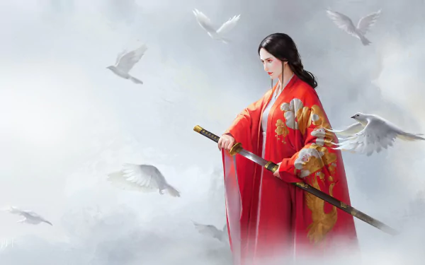  Asian Warrior Surrounded by Doves in Flight by Wenfei Ye