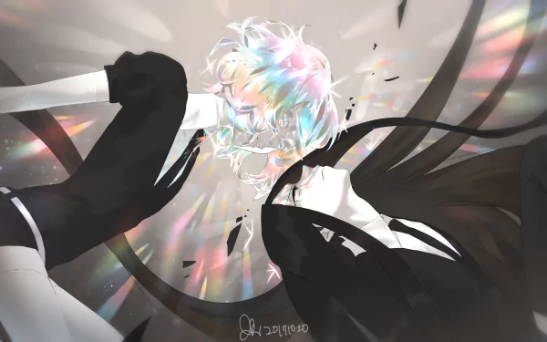 High-resolution 4K Ultra HD wallpaper featuring Diamond and Bort from the anime Land of the Lustrous, showcasing vibrant light effects and dynamic poses.