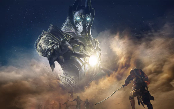 HD desktop wallpaper featuring Bayek of Siwa from Assassin's Creed Origins confronting a towering, illuminated figure of Anubis amidst a dramatic, smoky backdrop.