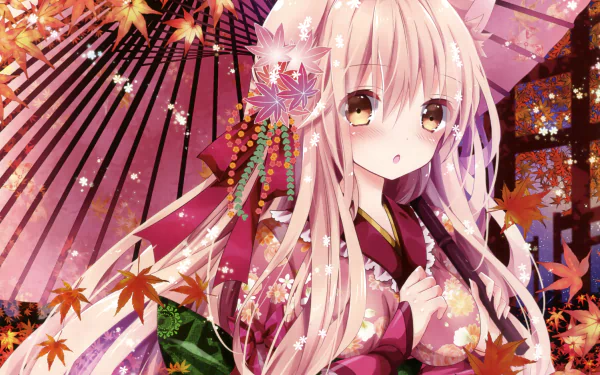 Anime-style girl with long blonde hair and brown eyes wears a kimono adorned with bows, holding a parasol amidst falling autumn leaves in this HD desktop wallpaper.