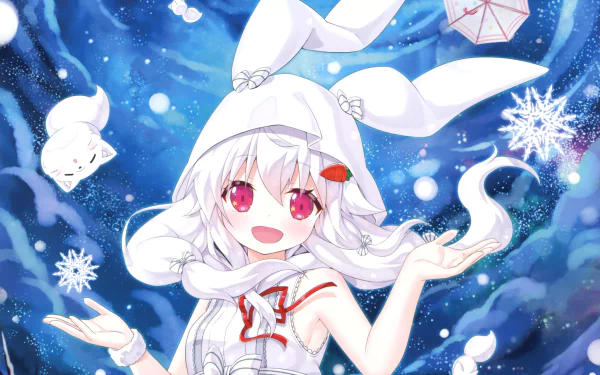 Anime-style character with long white hair, pink eyes, bunny ears, and a bow, smiling and blushing while holding an umbrella in a vibrant, snowy background.