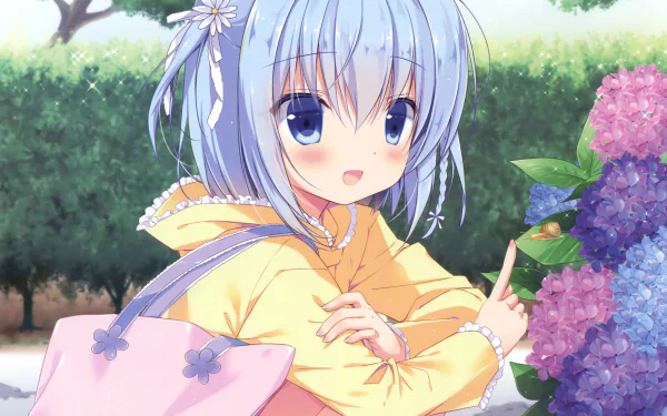 Anime-style girl with short blue hair and blue eyes smiles and blushes while holding a pink bag and pointing at a snail on blooming carnations in a lush garden setting.