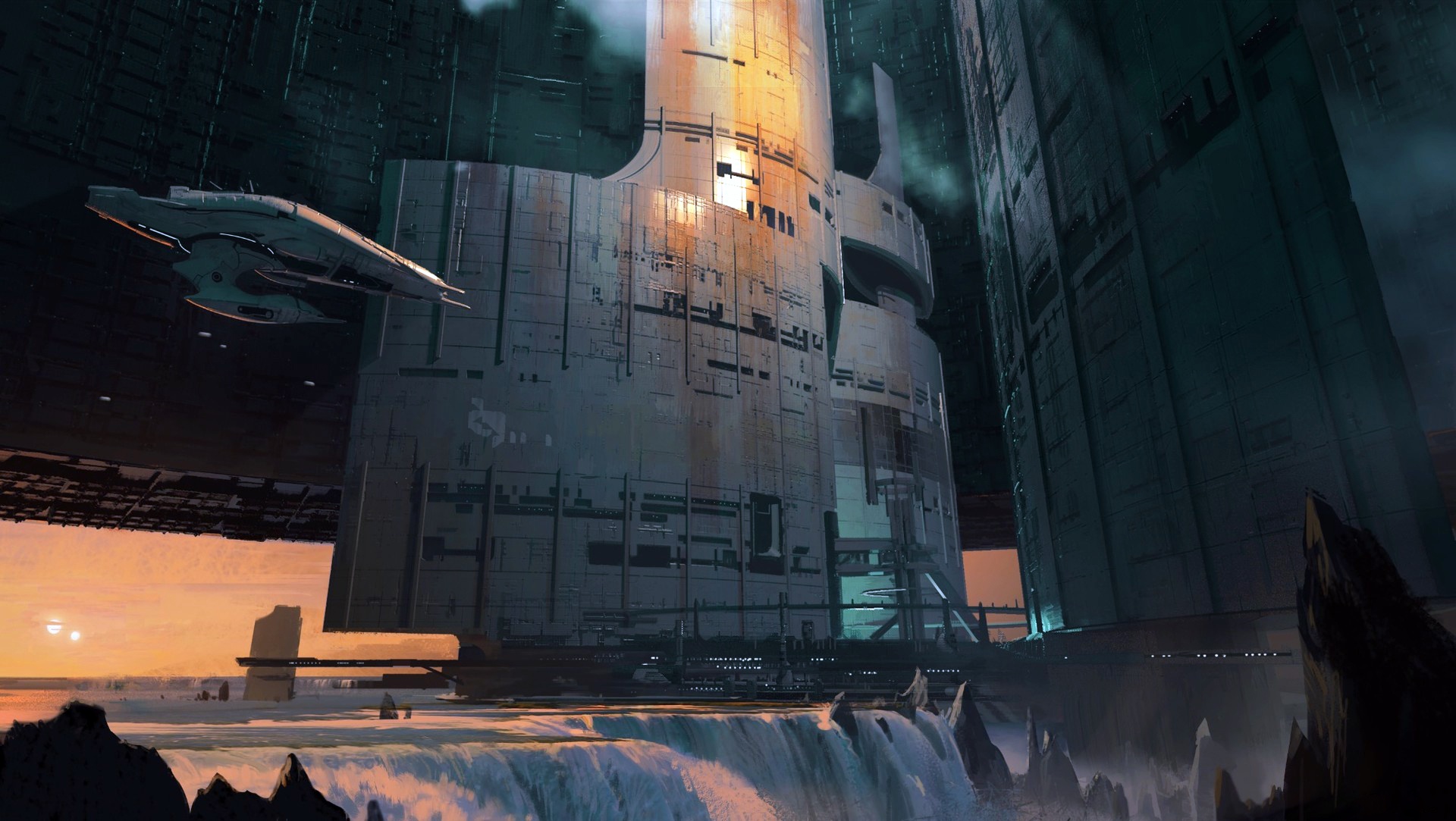 Download Waterfall Sci Fi Building HD Wallpaper by Fan Gao
