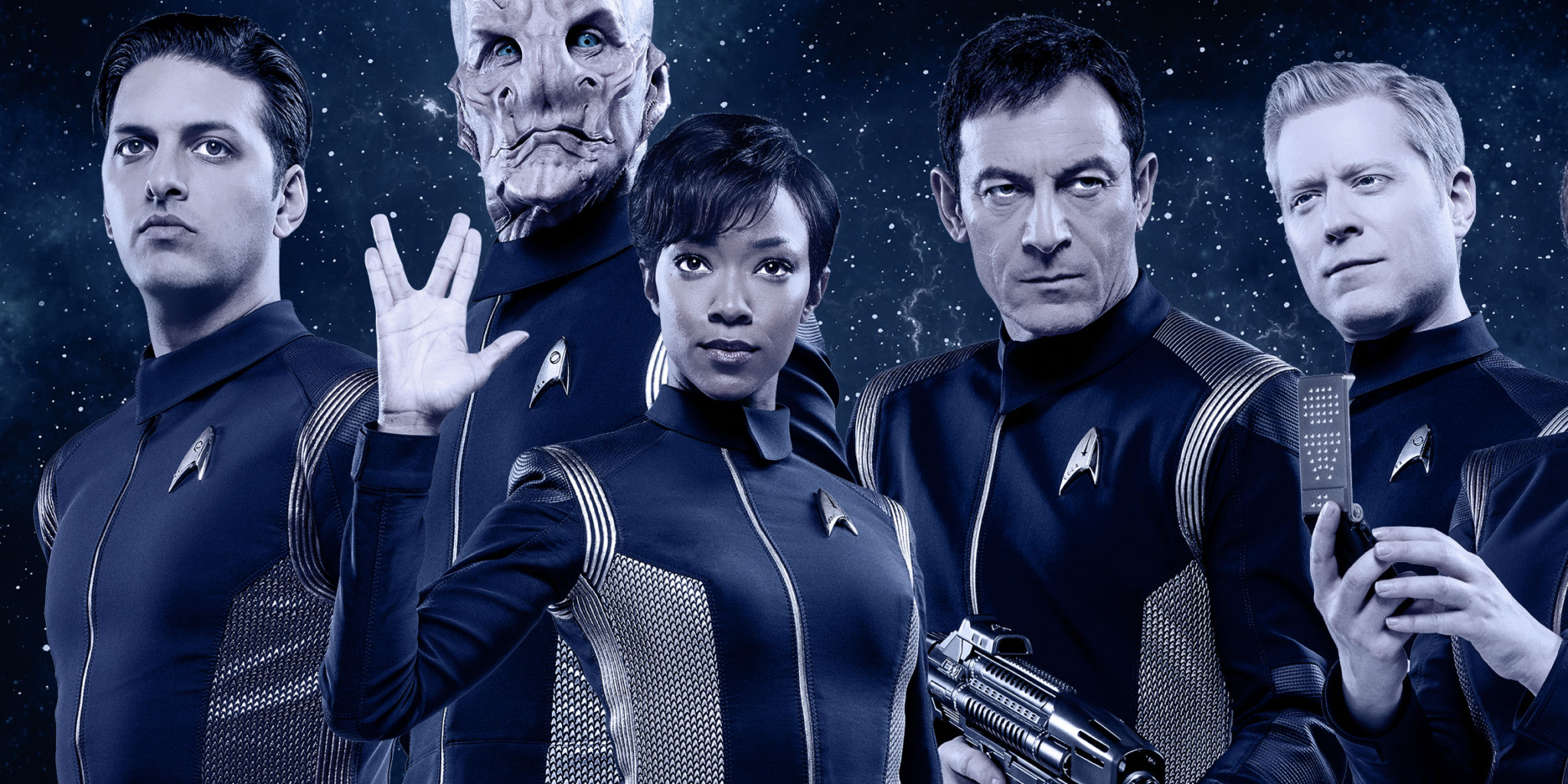 HD desktop wallpaper featuring characters from Star Trek: Discovery in uniform against a cosmic backdrop.