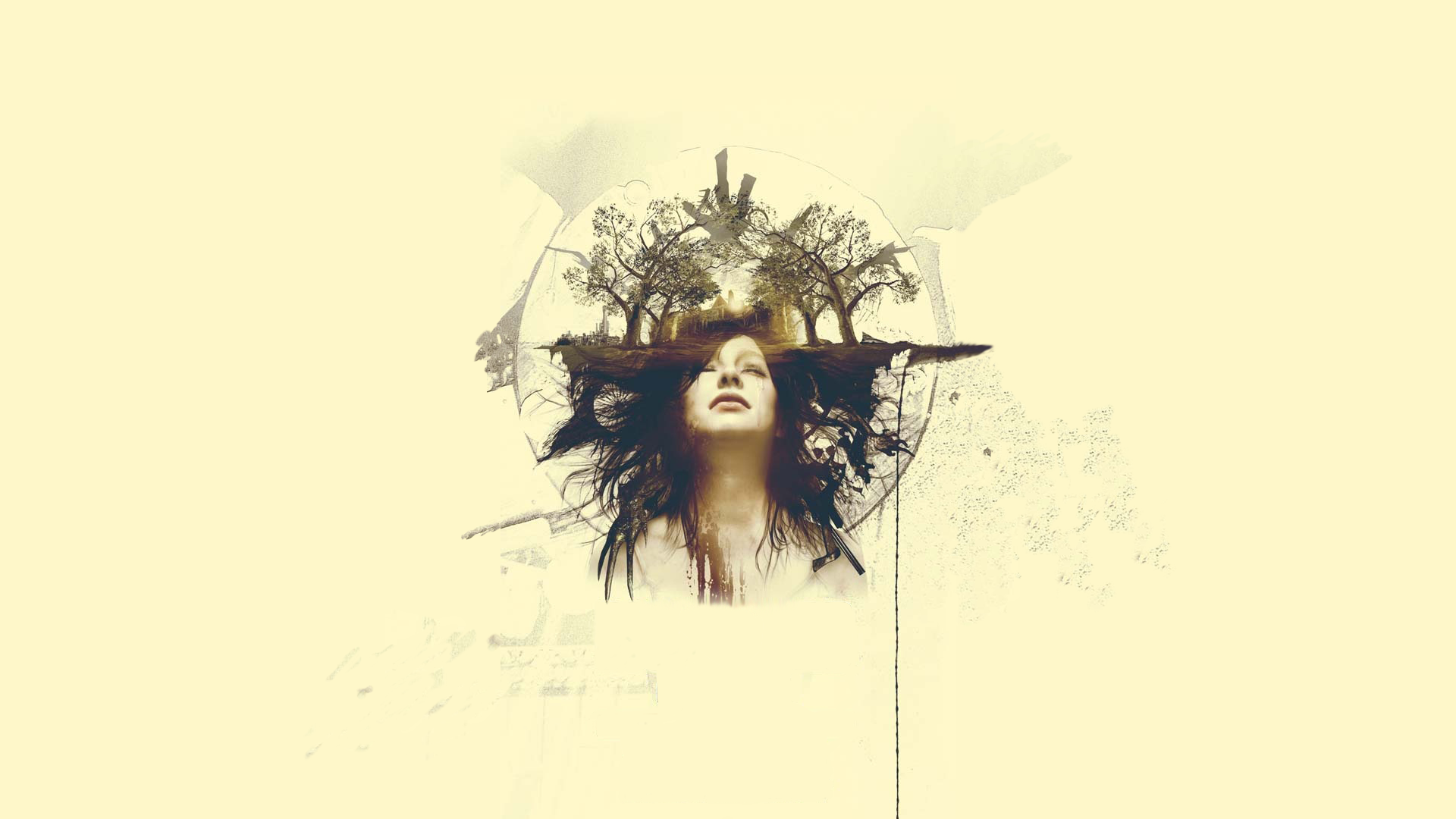 HD PC desktop wallpaper featuring eerie artwork from the video game Resident Evil 7: Biohazard, depicting a haunting female figure with surreal dark elements.