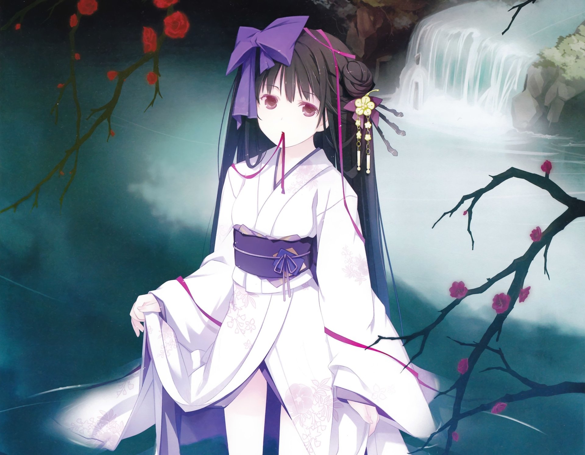 Download Lake Brown Eyes Kimono Bow (Clothing) Black Hair Long Hair Anime Original HD Wallpaper by LLO