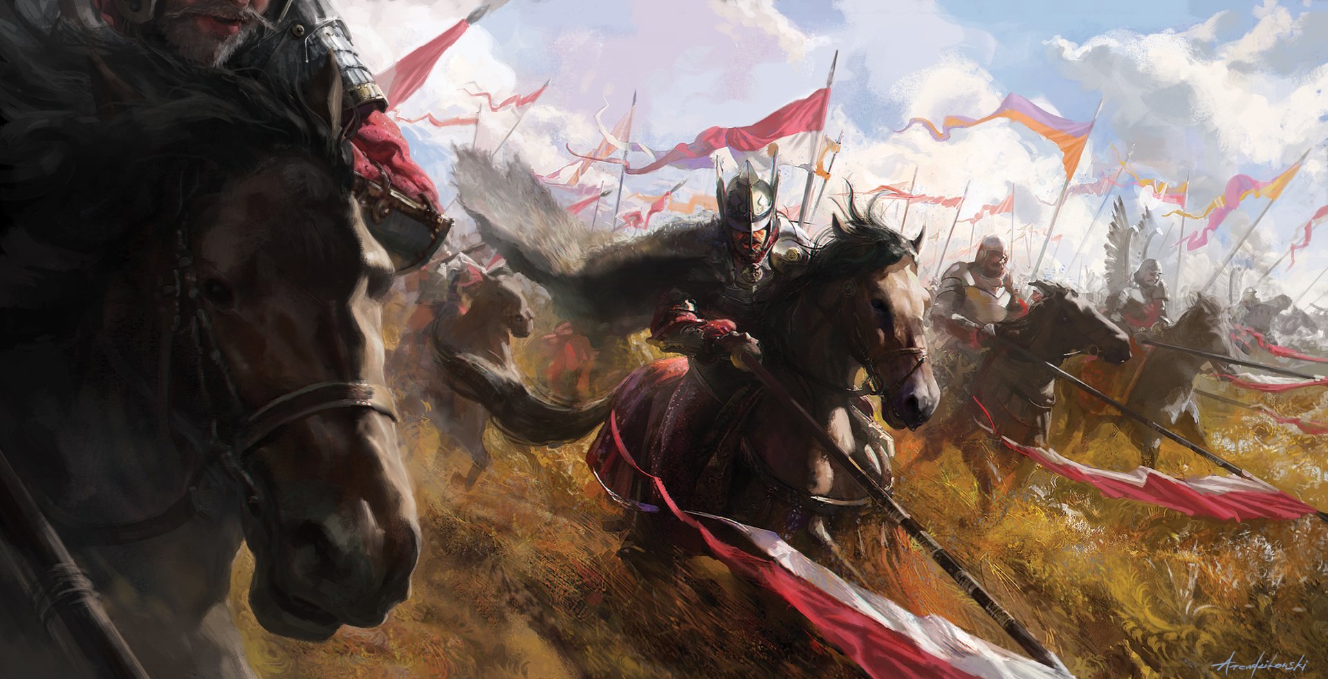 HD desktop wallpaper of a fantasy battle scene featuring warriors on horses, spears raised high, and banners flying amidst the action. The image captures the intensity and chaos of the battlefield.