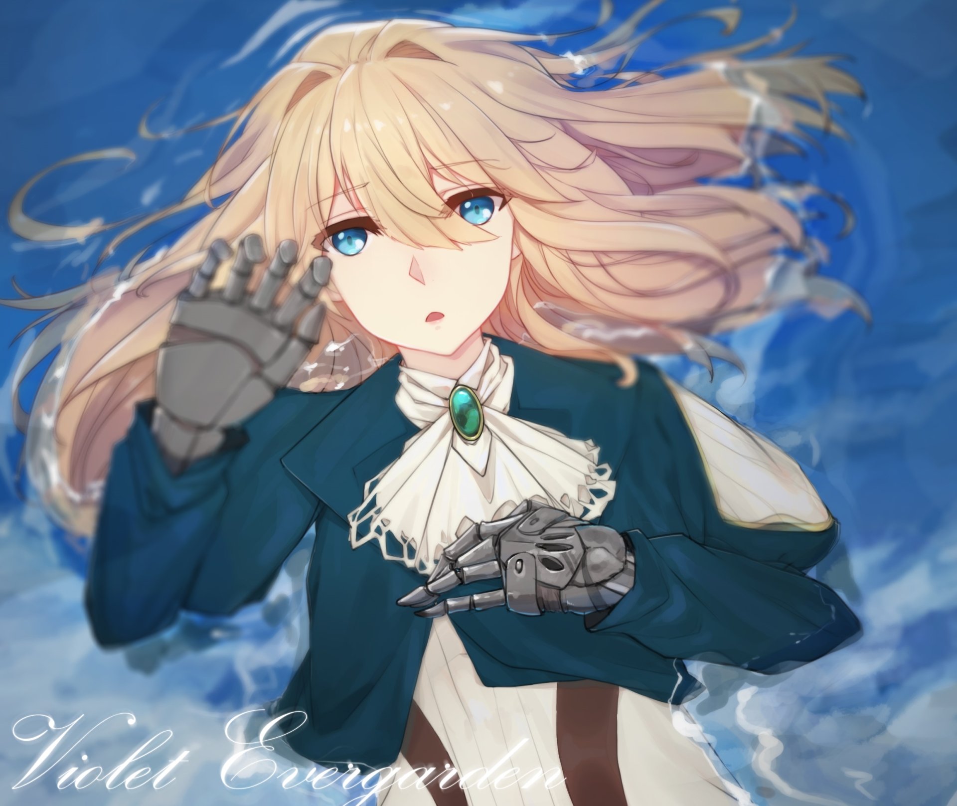 HD anime desktop wallpaper featuring Violet Evergarden with flowing blonde hair, intricate outfit, and striking blue eyes against a blurred blue background.