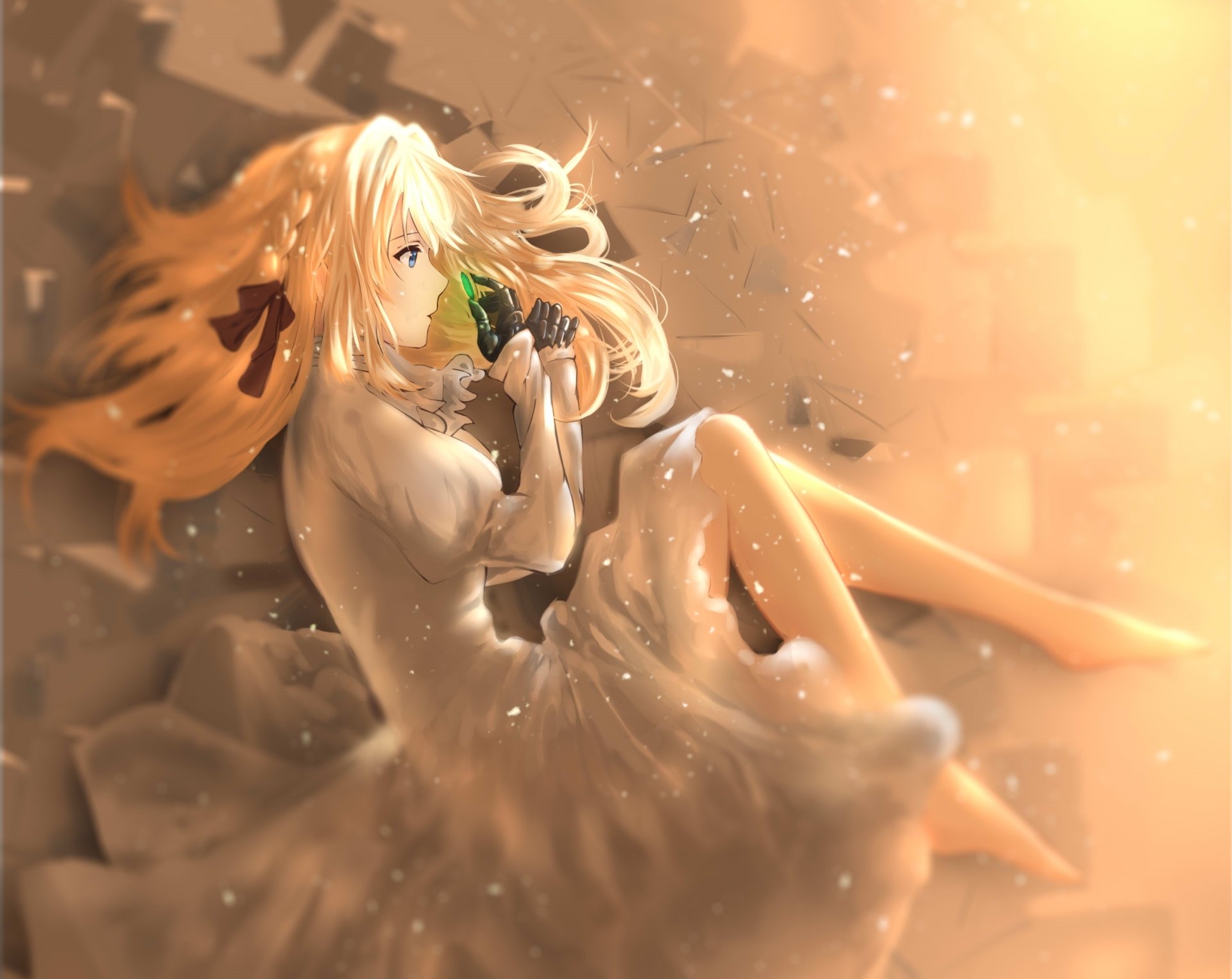 HD PC desktop wallpaper featuring Violet Evergarden, the anime character, depicted with flowing hair and a serene expression in warm, glowing tones.