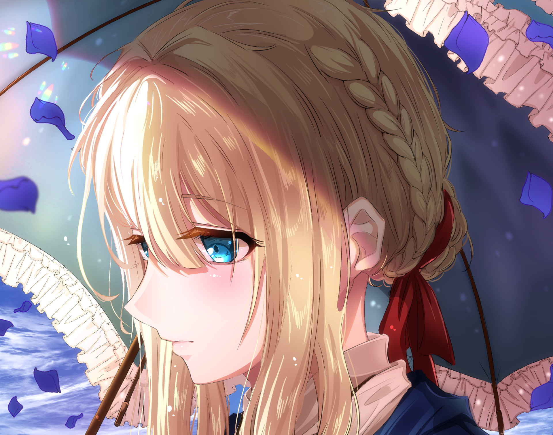 HD anime wallpaper featuring Violet Evergarden with blue eyes and blonde hair, softly blushing against a detailed, vibrant background.