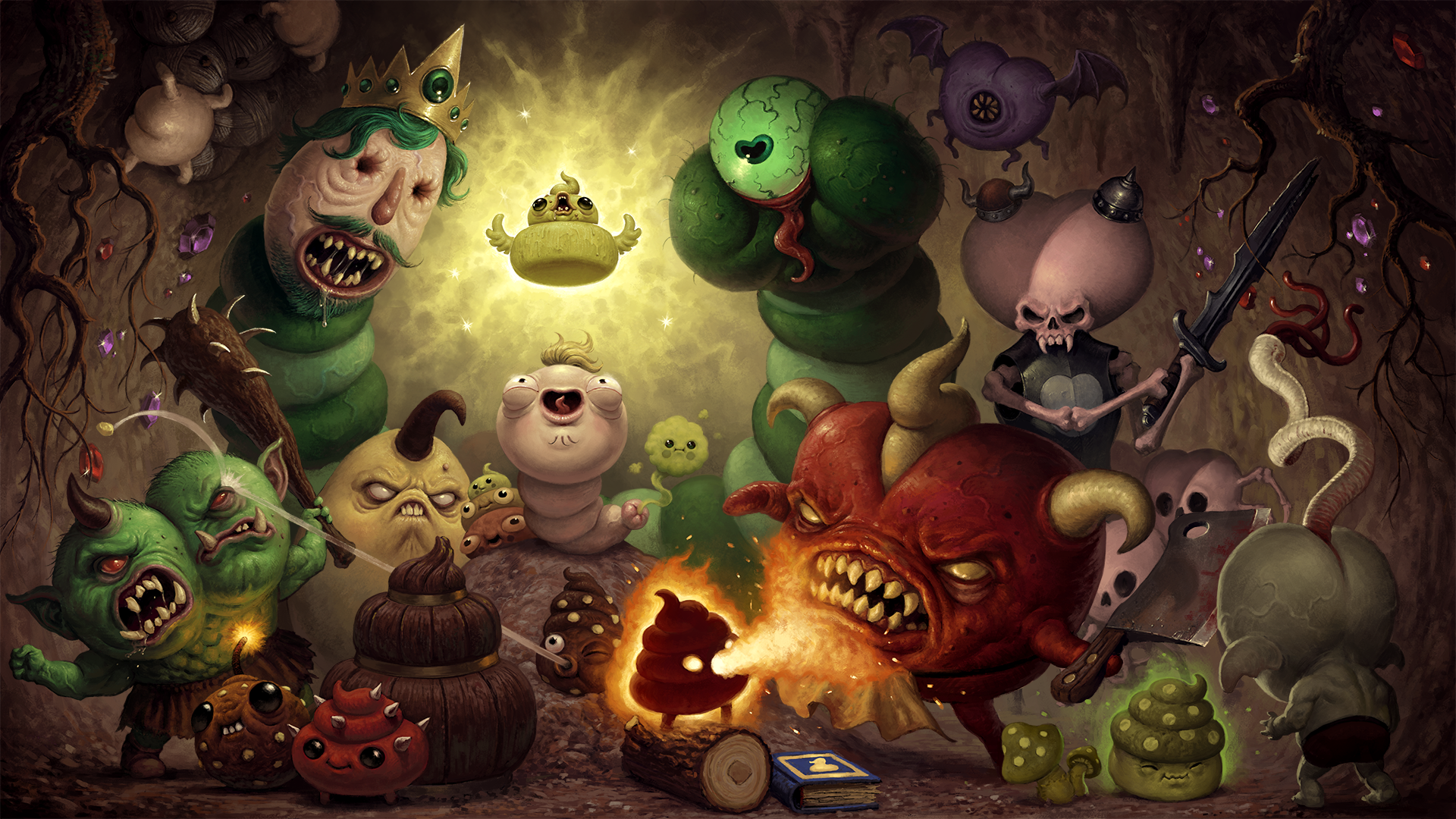 HD desktop wallpaper featuring characters from Poopdie, with cartoonish creatures and a fiery monster in a whimsical, dark setting.