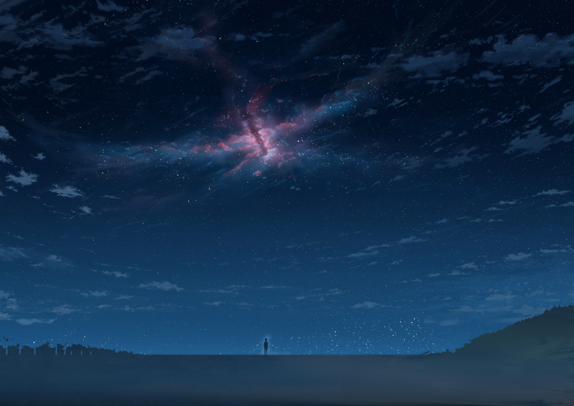 HD anime desktop wallpaper depicting a solitary figure beneath a starry night sky with glowing clouds and vibrant cosmic colors.